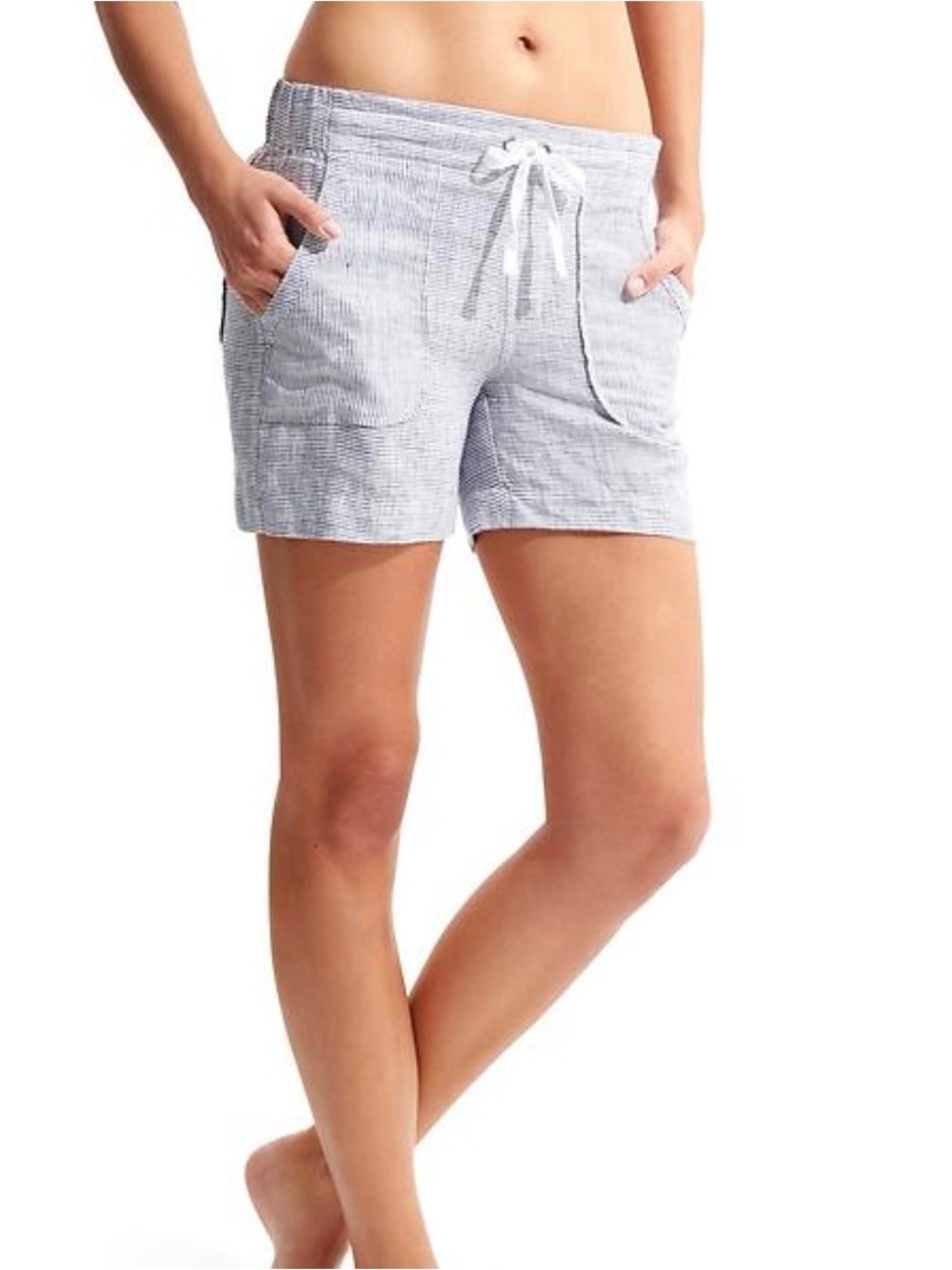 Athleta 100% Linen Drawstring Cabo Shorts Black & White Stripe Size 8